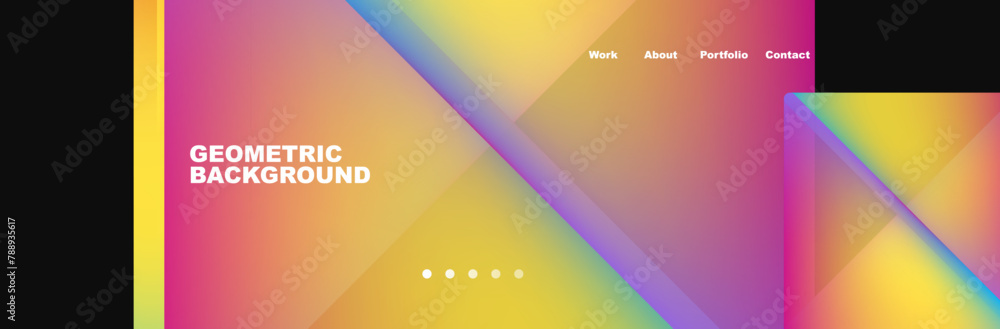A vibrant geometric background featuring a rainbow colored gradient with tints and shades of amber, sky, orange, electric blue. Shapes include triangles, circles in a colorful pattern