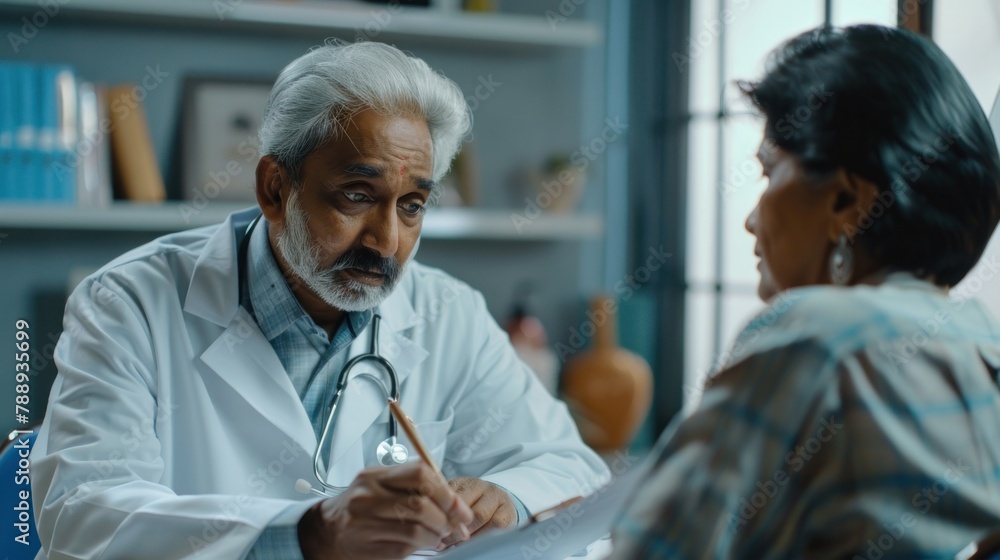 Fototapeta premium Indian male doctor consulting senior old patient filling form at consultation. Professional physician wearing