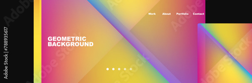 A vibrant geometric background featuring a rainbow colored gradient with tints and shades of amber, sky, orange, electric blue. Shapes include triangles, circles in a colorful pattern