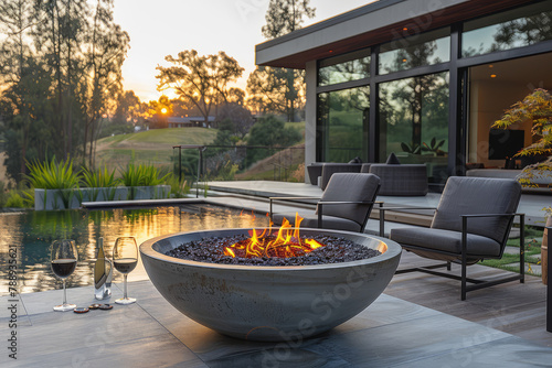 A concrete fire bowl with flames, placed on the patio of a modern house in San Francisco overlooking a pool and golf course at sunset. Created with Ai photo