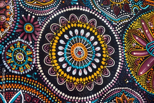 A traditional Aboriginal dot painting depicting Dreamtime stories and ancestral connections to the land, rich in symbolism and cultural significance, Generative AI © ManusiaIkan