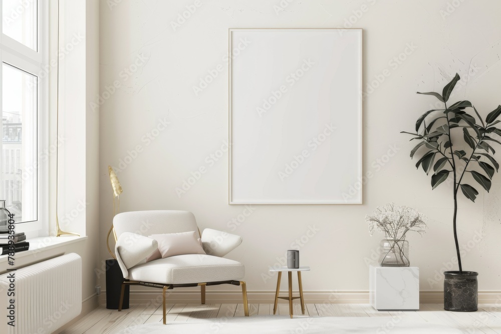 Fototapeta premium Scandinavian style living room with poster mockup created with generative ai