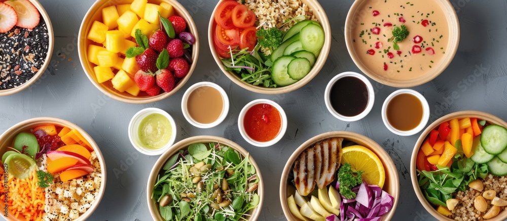 Disposable eco-friendly paper containers with healthy takeout food and beverages on a gray background, viewed from above. The selection includes fresh salad, soup, poke bowl, buddha bowl, fruits, Disposable eco-friendly paper containers with healthy takeout food and beverages on a gray background, viewed from above. The selection includes fresh salad, soup, poke bowl, buddha bowl, fruits,