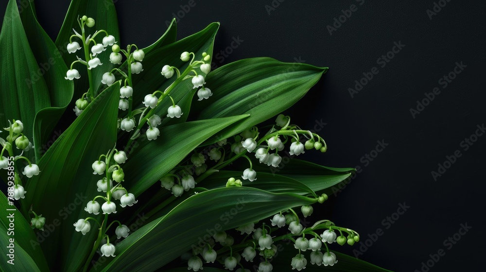 Fototapeta premium A stunning arrangement of white Lily of the Valley flowers set against a dramatic black backdrop showcasing their delicate beauty This exquisite bouquet features vibrant green leaves captur