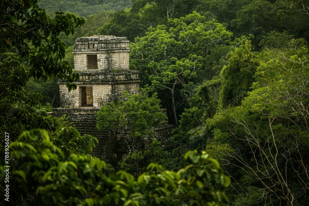 An ancient Mayan temple rising from the jungle canopy, surrounded by lush vegetation and echoing with the whispers of the past, Generative AI
