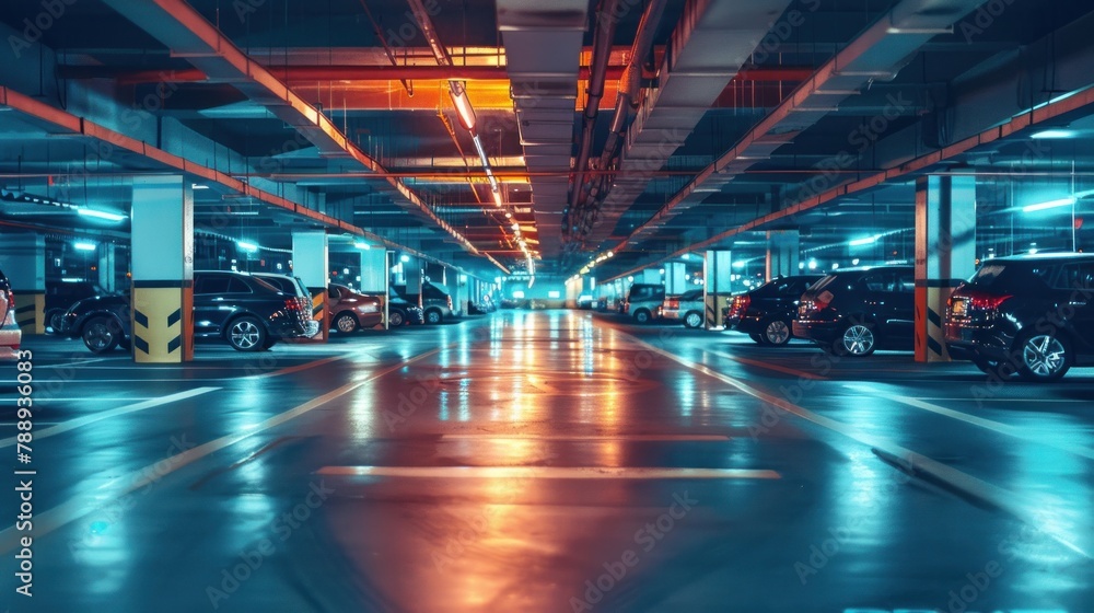 Department store parking space Inside a parking garage with cars and empty parking spaces