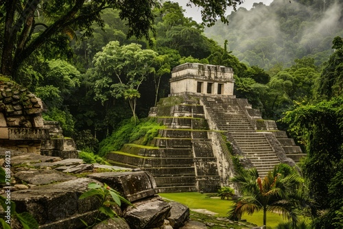 An ancient Mayan temple rising from the jungle canopy, surrounded by lush vegetation and echoing with the whispers of the past, Generative AI photo