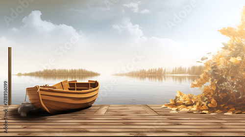 Yellow wooden boat on the lake near the wooden pier peaceful leisure under thw blue sky background
 photo