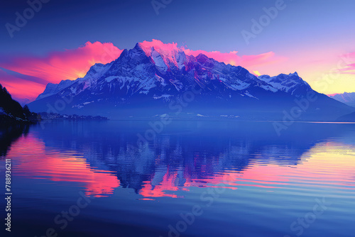 A serene sunrise over the snowcapped Alps, reflecting in Lake Lucy's crystalclear waters. Created with Ai © Graphics