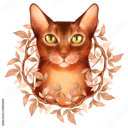 Cute ginger cat with wreath with wreath leaves. Autumn animal illustration.