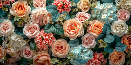 Artificial Flowers Wall for Background in vintage-AI generated image