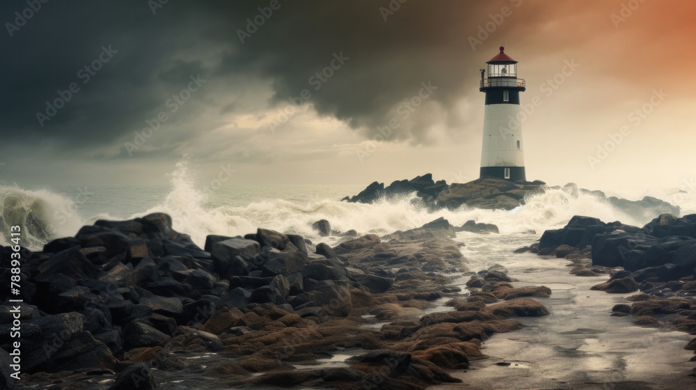 A lighthouse stands on the shore in a stormy landscape, a leader and a visionary.