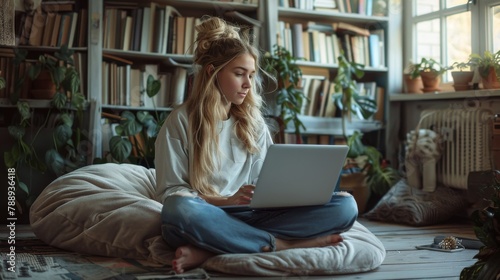 A people is sitting on a blue bean bag chair and using a laptop