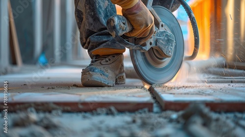 Worker cutting a tile using an angle grinder at construction site. Cutting large ceramic tiles. The worker cuts the tiles with a special tool. Quality photo. construction concept. copy space for text.