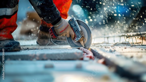 Worker cutting a tile using an angle grinder at construction site. Cutting large ceramic tiles. The worker cuts the tiles with a special tool. Quality photo. construction concept. copy space for text.