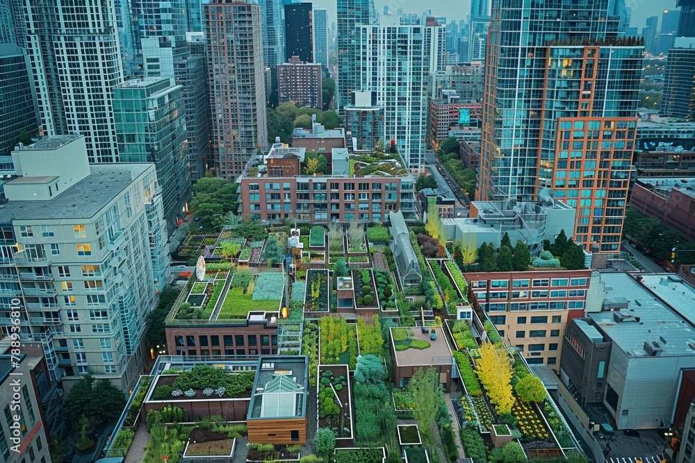 Fototapeta premium Bustling urban landscape with green roofs, rooftop gardens