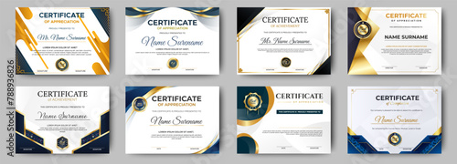 Certificates of achievement template with luxury badge. Eight choice of certificates For award, business, and education needs. Diploma vector template