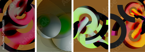 A vibrant collage featuring a rectangle, circle, and liquid pattern. Each image showcases a different color and texture, creating a visual arts masterpiece
