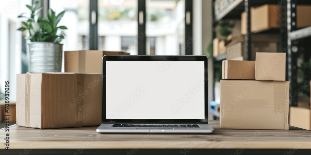Online shop table with laptop computer, white screen, shipping box, retail market Online shop table with laptop computer, white screen, shipping box, retail market