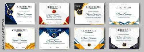 Certificates of achievement template with luxury badge. Eight choice of certificates For award, business, and education needs. Diploma vector template
