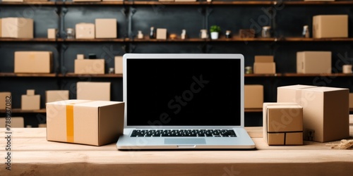 Online shop table with laptop computer, white screen, shipping box, retail market photo