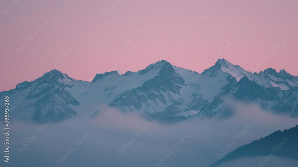 Minimalist mountain landscape with snow peaks under soft dawn light