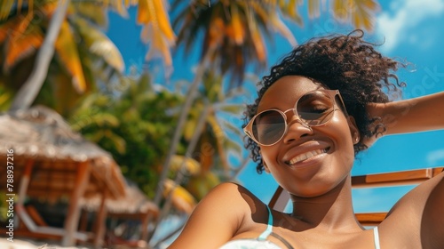 Portrait of a beautiful smiling African woman Young black woman in casual style on the beach