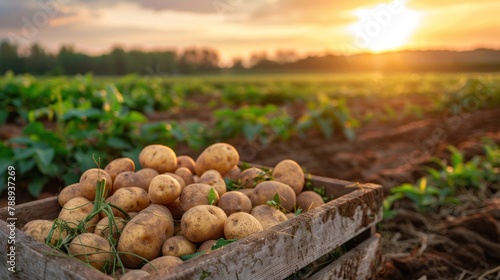 Potatoes in a wooden box in the potato field And there is a sunset in the background in the evening.