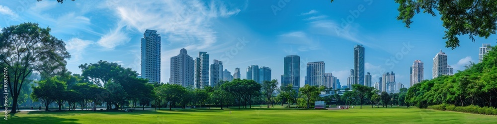 Parks and tall buildings in the city center Green environment city and central business district in panoramic view.