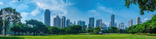 Parks and tall buildings in the city center Green environment city and central business district in panoramic view.