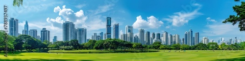 Parks and tall buildings in the city center Green environment city and central business district in panoramic view.