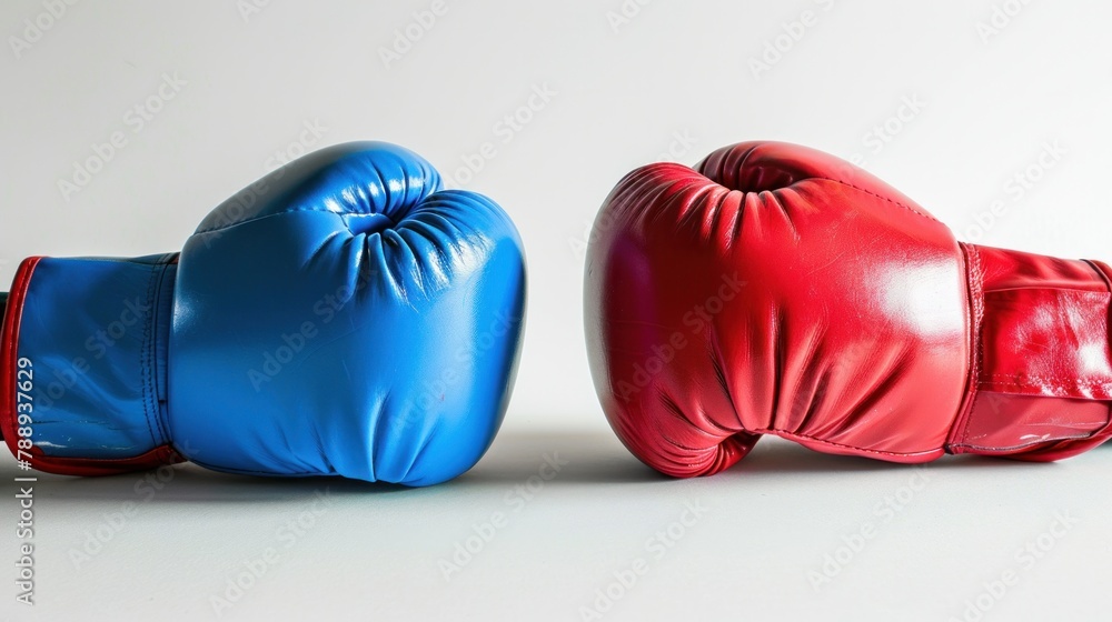 Red and blue boxing gloves on white background.