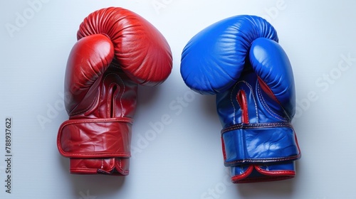 Red and blue boxing gloves on white background. © ORG
