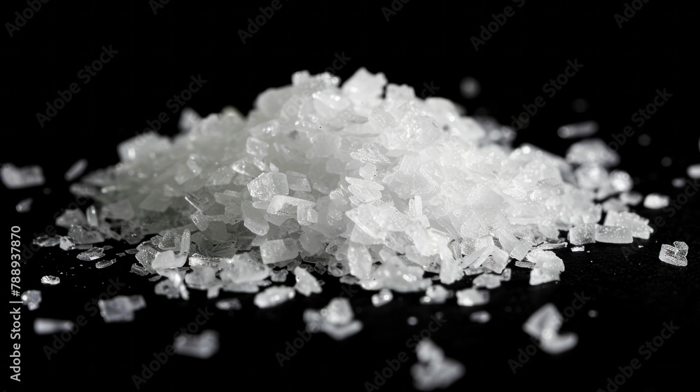 Sodium acetate, which is a colorless crystalline compound containing sulfuric acid. Black background.