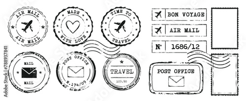 Collection of Vintage Postal Stamps and Postmarks featuring Airplanes, Hearts, and text, in black ink. Retro grunge Scrapbook elements