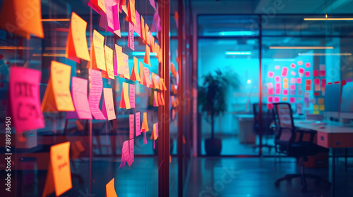 Sticky Note Post It Board Office. Business people meeting at office and use post it notes to share idea. Brainstorming concept. Sticky note on glass wall or blackboard. Set of colorful blank notes.  © Sweetrose official 