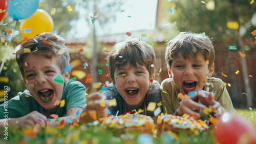 Happy 7 years old boy celebrating his birthday party with his friends