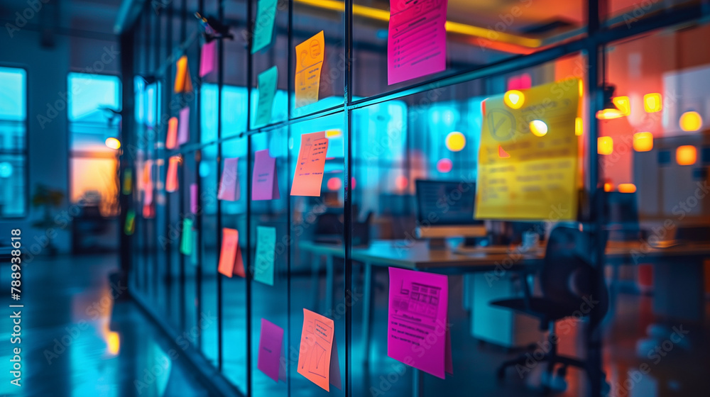 Sticky Note Post It Board Office. Business people meeting at office and use post it notes to share idea. Brainstorming concept. Sticky note on glass wall or blackboard. Set of colorful blank notes. 
