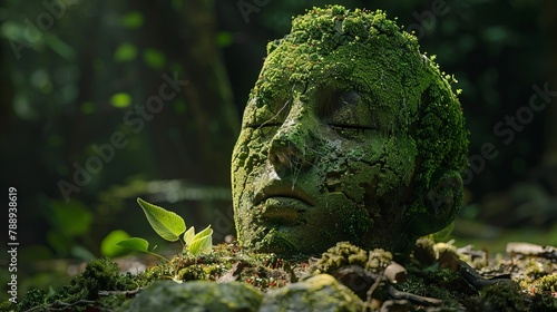 Claudius Caesar, very first Roman emperor, Ruined Majesty's Broken Face, Moss-covered Young King's Statue Head, Relic of a Fallen Roman Empire, Time changes photo