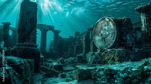 Bitcoin emerges among ancient ruins underwater, depicting lost civilizations and treasure