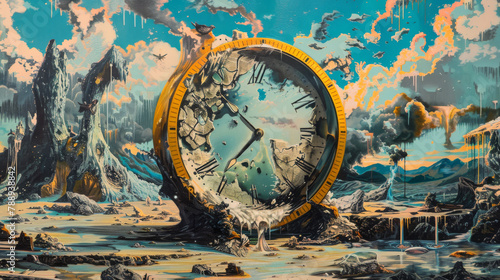 Surreal landscape with a melting clock, representing the fluidity of time and dimensional shifts