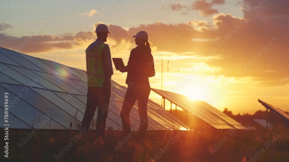 Fototapeta premium Two solar engineers in the lights after sunset