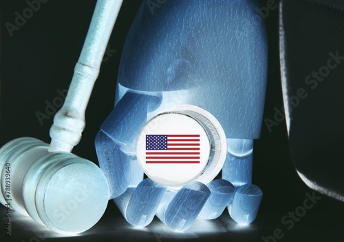 Flag of United States European Union with Gavel and robot hand . Symbolizing the potential regulation of AI from the US Congress © RafMaster