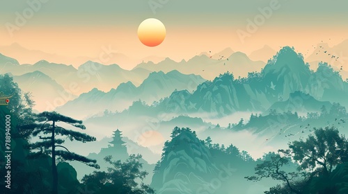 Traditional green lines landscape illustration poster background