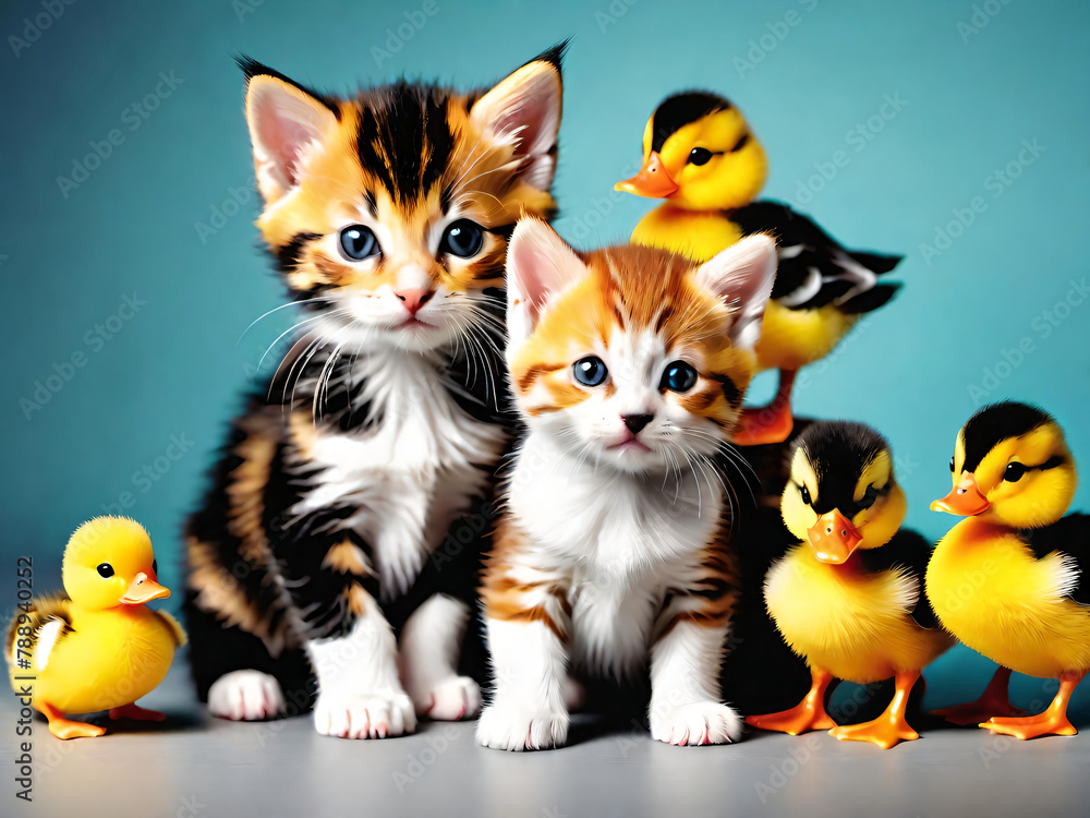 Group of kittens and baby ducks isolated Group of kittens and baby ducks isolated