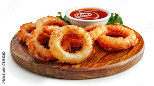 fried onion rings with sauce on wooden board isolated on white background