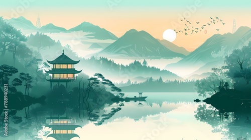 Traditional green lines landscape illustration poster background