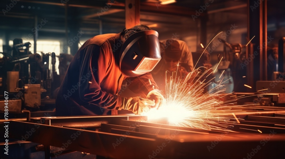 A team of welders works diligently in welding metal in the heavy industry. A team of welders works diligently in welding metal in the heavy industry.