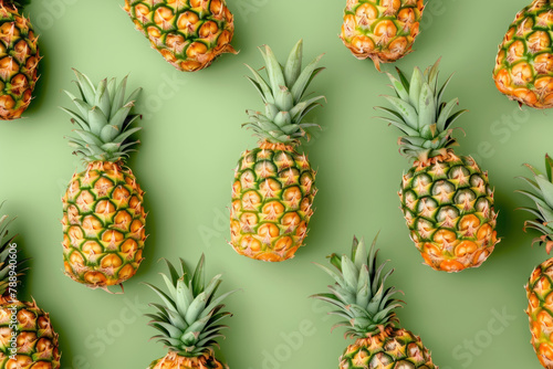 photo of a pineapples arranged in symmetrical rows on a green background