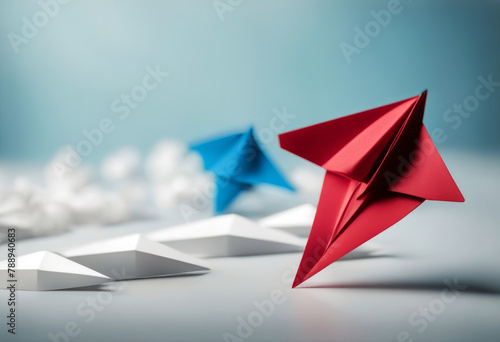 paper red white follow Leadership background lead success leading teamwork aeroplane forward origami plane direction vision business leader concept competition blue winner manager group team uniqu